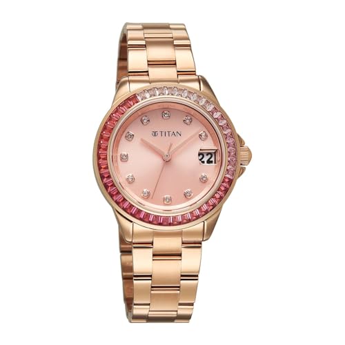 Titan Glamour Quartz Analog Pink Dial Stainless Steel Strap Watch for Women
