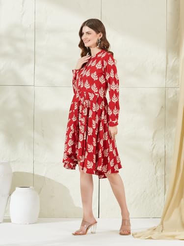 Divena Red Rayon Boat Neck Knee Length Dress
