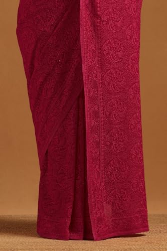 Soch Womens Fuchsia Georgette Botanical Saree With Stone Work