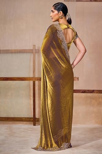 Soch Womens Olive Fendy Satin Embellished Saree With Stone Work