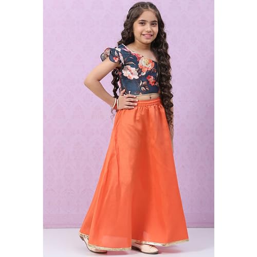 BIBA Girls Polyester Blend Short Kurta Printed Lehenga Set (KW5036EAW22PCH_Pink_14 Years-15 Years)