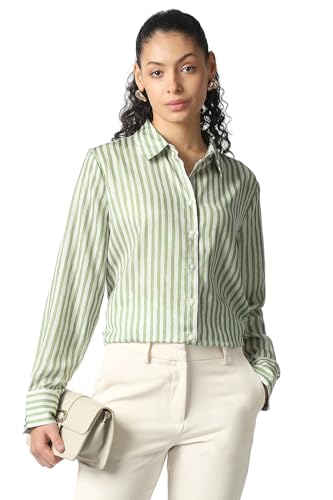 Women Green Stripe Long Sleeves Formal Shirt