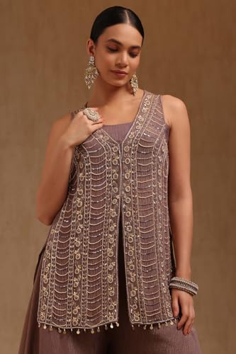 Soch Womens Purple Tissue Embroidered Co-Ord Set With Cutdana