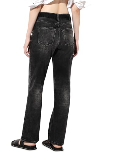 ONLY Women's Solid Straight Fit Mid-Rise Black Jeans with Belt