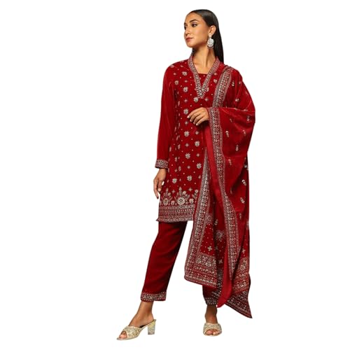 Rangriti Women's Poly Velvet Kurta Set (WNTRWR20383AW24RED_Red