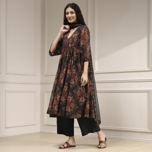 Biba Women Charcoal Black Polyester Gathered Printed Suit Set_46