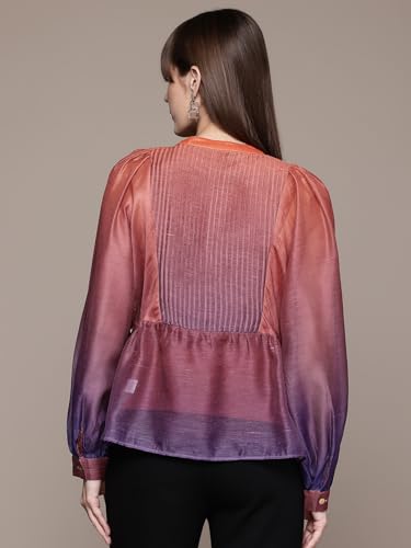 Label RITU KUMAR Band Collar Full Sleeves Ombre Top with Inner Purple