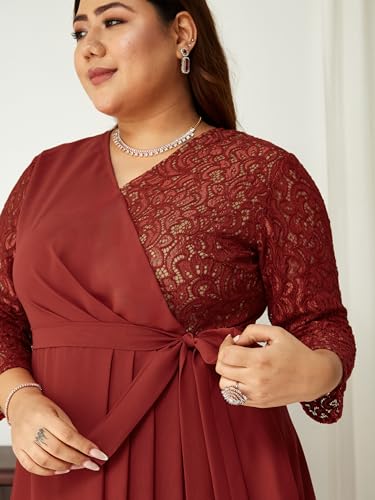 Miss Chase A+ Women's V-Neck 3/4 Sleeve Self-Designed Wrap Styled Maxi Dress (APSS21D14-67-901-08, Dusty Red, 3XL)