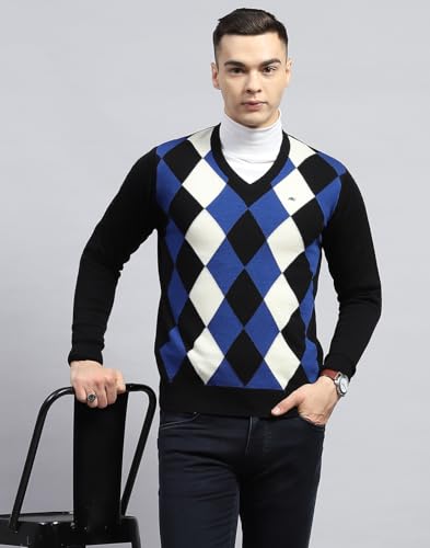 Monte Carlo Mens Black Geometric V Neck Full Sleeve Pullover (1236030VN-1-42)