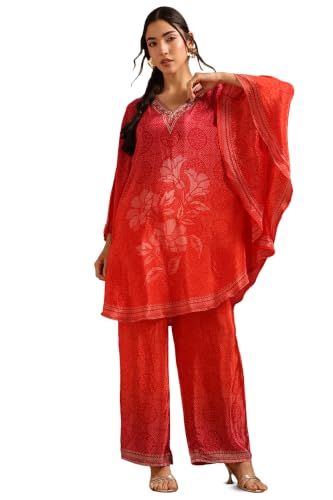 Soch Womens Red Crepe Botanical Printed Kaftan Suit With Sequins