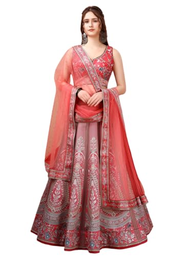 SAPTRANGI Women's Printed Ready to Wear Lehenga & Blouse with Dupatta (Pink & Grey, XS)