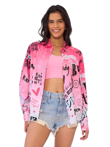 The Souled Store Official Mean Girls Originals: Burn Book Women & Girls Long Sleeve Collared Neck Button Down Regular Fit Cotton Shirts Pink