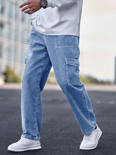 KOTTY Men's Solid Loose Fit Street Style Utility Wear Baggy Cargo Jeans(Blue,32)