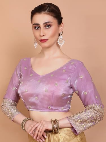 Salwar Studio Pink Organza V Neck Embroidered Readymade Alterable Blouse