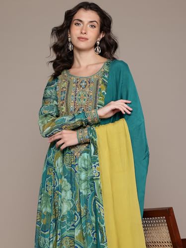 Blue Floriant Print Kurta with Churidar and Dupatta