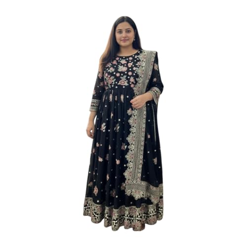 styledaura Embroidered Anarkali Gown with Dupatta and Pant | Floral Georgette Silk Fully Stitched Ethnic Suit for Women | Ethnic Wear Designer Anarkali Dress Set (Size-2XL, Black)