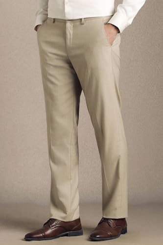 Men Beige Solid Flat Front Formal Trousers