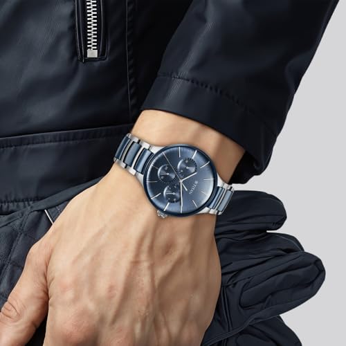 Titan Ceramic Fusion Quartz Multifunction Midnight Blue Dial Two Toned Silver and Metallic Blue Stainless Steel Bracelet Watch for Men - NT90148KD02