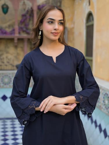 Divena Navy Blue Cotton Straight Fit Lace Border Kurta with Trouser