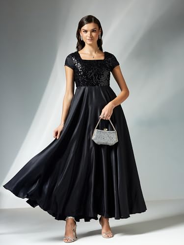 Miss Chase Women's Square Neck Short Sleeve Embellished Polyester Fit & Flare Maxi Dress (MCAW25D88-29-62-02, Black, XS)