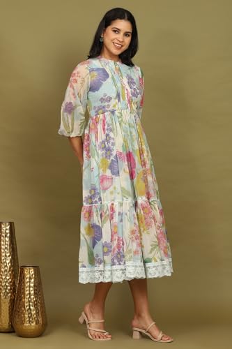 W for Woman White Floral Printed Tiered Chiffon Dress with Lace Detail (Size: M)-W12410-125443