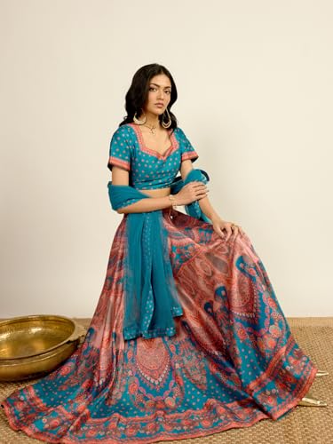 Aarke Ritu Kumar Teal Square Neck Blouse With Lehenga And Dupatta