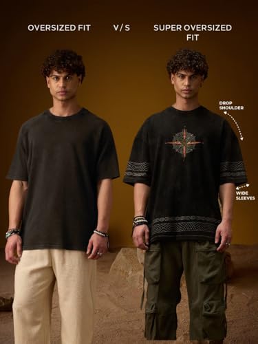 The Souled Store Pets On Prints: Wild Heart Men and Boys Short Sleeve Round Neck Black Graphic Printed Casual Lightweight Drop Shoulder Streetwear Trendy Super Oversized T-Shirt