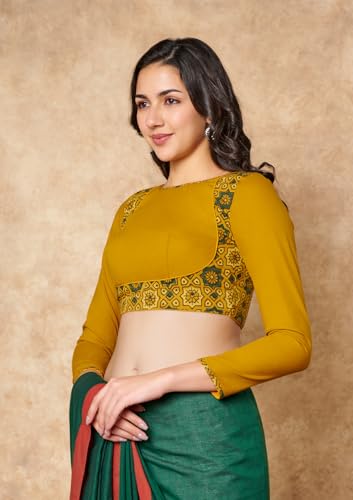 Yellow Ajrakh Pure Cotton Round Neck Readymade Blouse