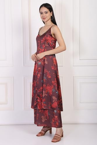 W for Woman Maroon Floral Print Sequined A-line Satin Kurta with Flared Pant and Dupatta Set (WS13212-126213-M)