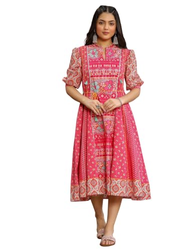 Juniper Pink Floral Printed Pure Cotton Dress & Doris with Beads Work