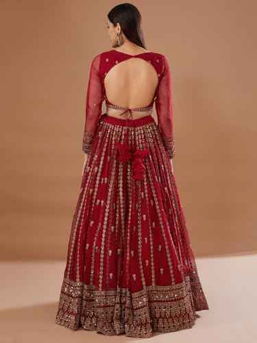 Zeel Clothing Women's Zari With Sequins Embroidered Work Organza Designer Lehenga Choli with Dupatta (7069-Red-Womens-Lehenga-Choli-Latest; Free Size) (Red)