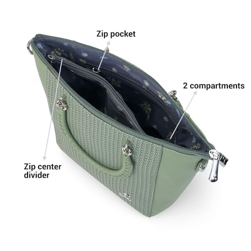 Mochi Women Green Faux Leather Premium Logo Multi-Pocket Tote Bag(66-412)
