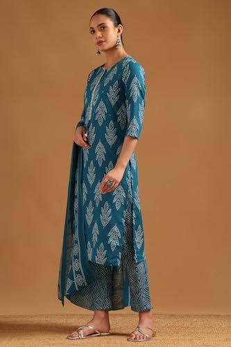 Soch Womens Teal Linen Blend Bandhani Salwar Suit With Faux Mirror And Sequins