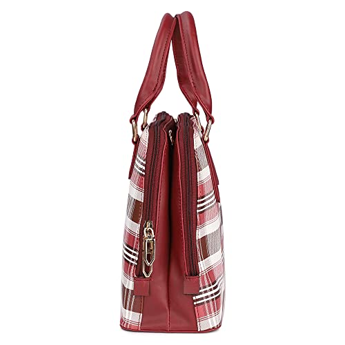 The Clownfish Andrea Handbag for Women Office Bag Ladies Shoulder Bag Tote for Women College Girls-Checks Design (Maroon)