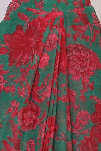 W for Woman Green Floral Printed Pre-Draped Georgette Saree with Blouse - (WS13897-127595-XL)