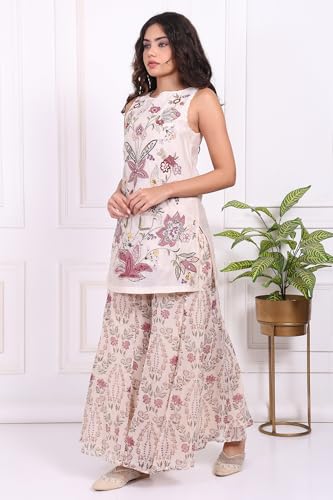 W for Woman White Floral Embroidered Cotton Straight Kurta with Flared Pant and Dupatta Set - (WS12938-223833-M)