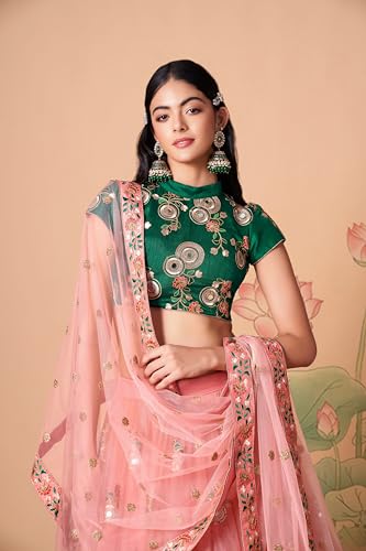 Divine Exim Women's Net Semi Stitched Lehenga Choli with Dupatta | Real Mirror with Embroidery Pattern | Traditional, Wedding, Ethnic Wear Lehenga (Pink)