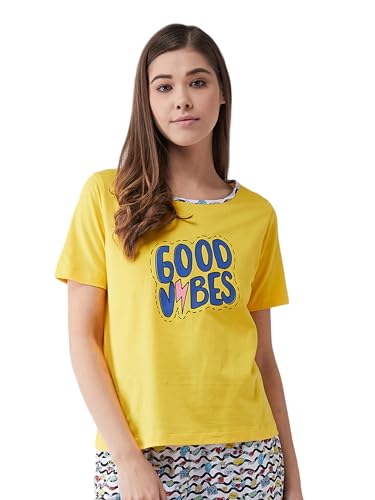 Miss Chase Women's Round Neck Short Sleeves Printed Regular Length T-Shirt (MCSS25TS99-03-29-04, Yellow, M)