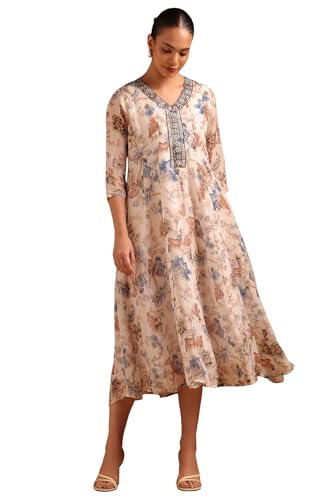 Soch Womens Off White Organza Botanical Dress with Beaded