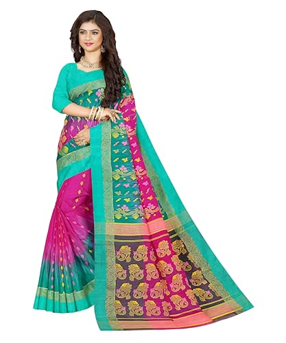 Mayabi Women's Bengali Tant Banarasi Saree with Zari Work and without Blouse Piece - Rani Pink
