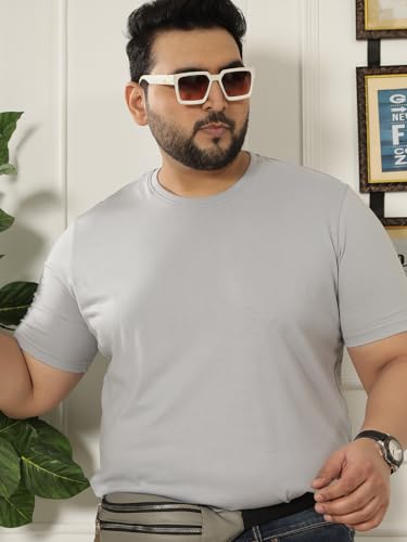 JOHN PRIDE Plus Size Men Regular Fit Solid Short Sleeves Grey Round Neck T-Shirt (JPTSR3501W_6XL_Grey)
