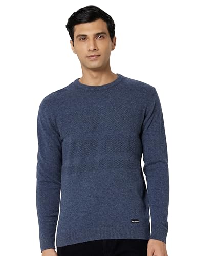 Men Navy Patterned Crew Neck Sweater