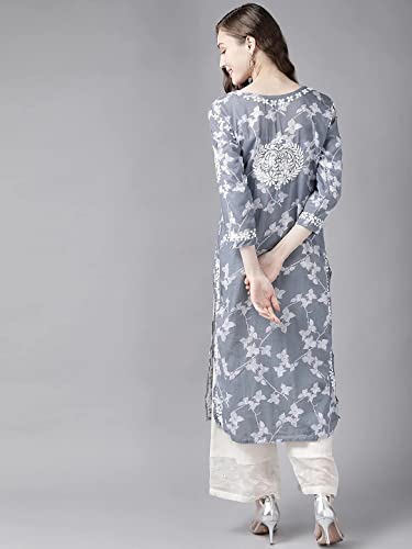 Ada Women Cotton Regular Fit Kurta Hand Embroidered Lucknowi Chikankari Tunic Kurti A411266 (Grey, XS)