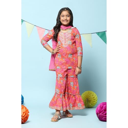 BIBA Girl Cotton Printed Relaxed Kid(Kw4783_Orange_5), Straight Kurta Garara Suit Set