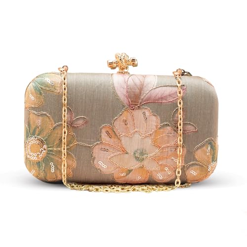 Artklim Pastel Grey Floral Printed Fabric Clutch Bag for Women – Stylish Clutch Purse | Hand Clutches for Women | Clutches for Wedding & Bridal Clutches Latest