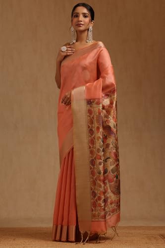 Soch Womens Peach Tussar Floral Zari Woven Saree