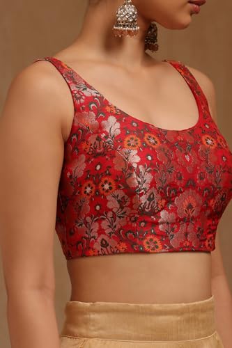 Soch Womens Red Tussar Floral Print Padded Blouse with Zari Woven