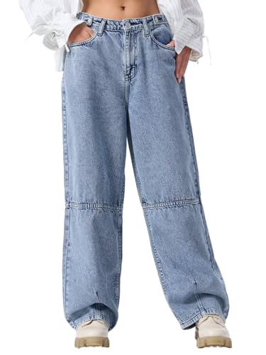 The Souled Store Barrel-Fit Denim: Trixie Women Girls Buttoned Waistband Light Blue Washed Cotton Denim Sustainable Everyday Streetwear Loose Fit Jeans