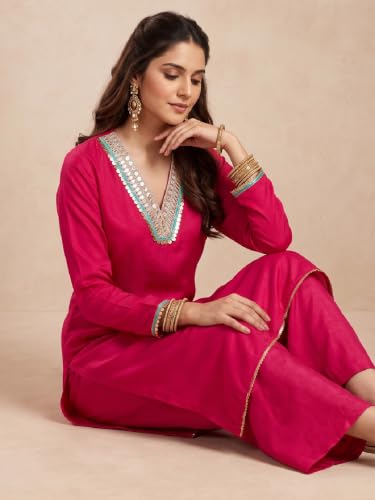 Varanga Women Red Kurta Trousers Set V Neck Silk Blend Zari
