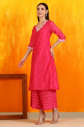 W for Woman Pink Embroidered Chanderi Panelled Kurta, Cropped Pants and Dupatta Set (Size: L)-WS12729-223576